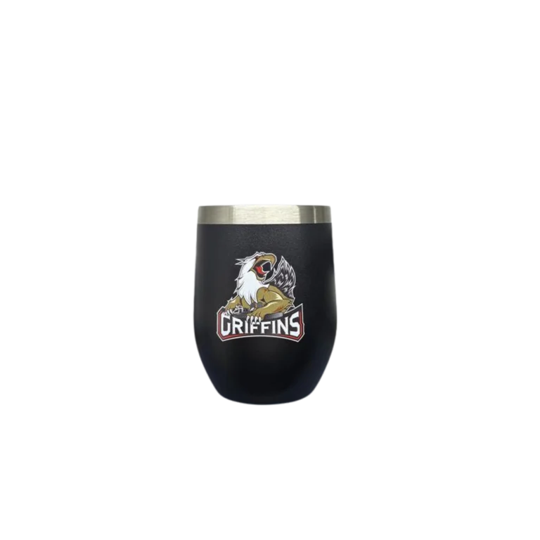 Black co-branded tumbler, back view with the Grand Rapids Griffins logo