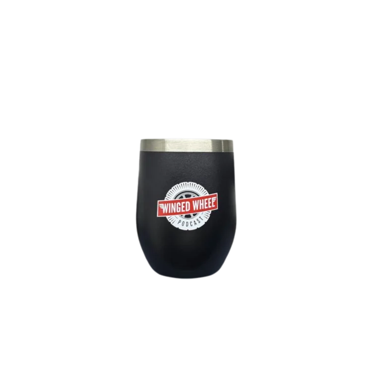 Black co-branded tumbler, front view with the Winged Wheel Podcast logo