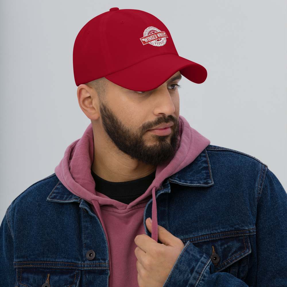 Winged Wheel Podcast Dad Hat — Cranberry